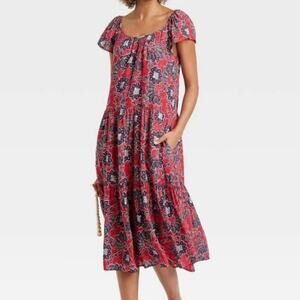 Knox Rose Womens Floral Boho Tiered Midi Dress Large Red Navy Blue